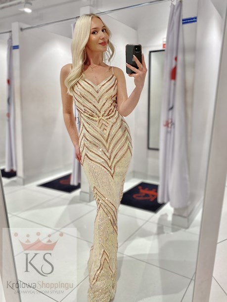 Sukienka długa na ramiączkach cekiny beż/złoto