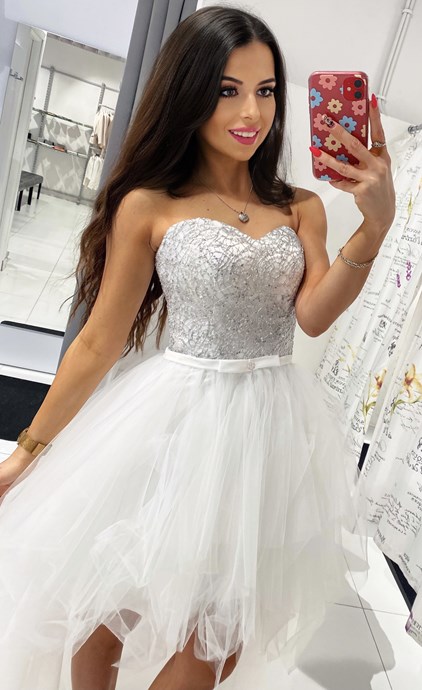 Sukienka asymetryczna tiulowa gorset srebro/biel