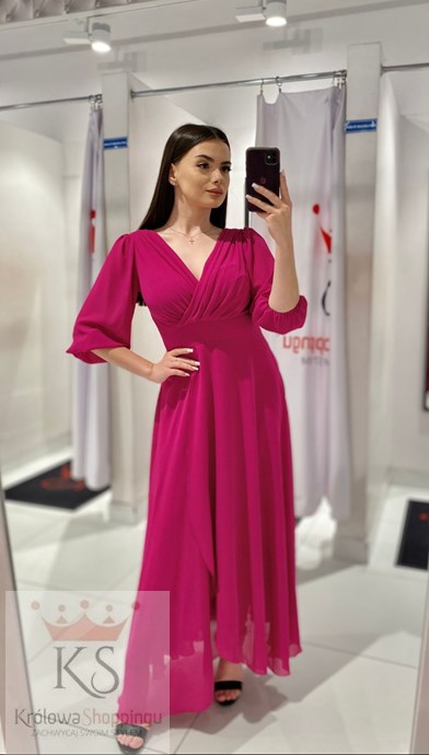 Sukienka długa rękaw pas fuksja