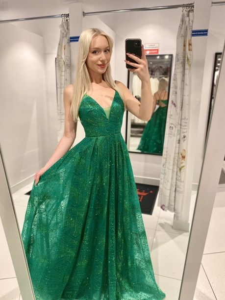 Sukienka długa balowa tren wiązany gorset zieleń