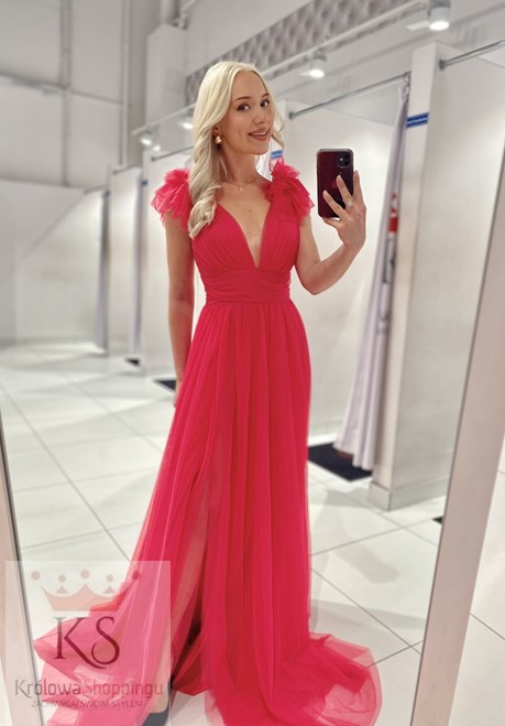 Sukienka długa tiulowa pas ramiączka falbany róż