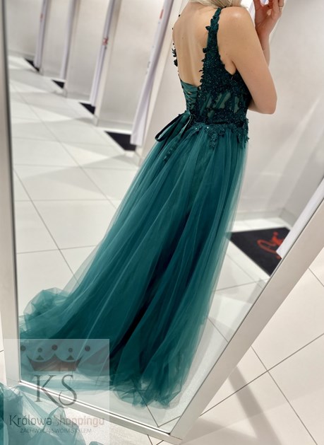 Sukienka długa tiulowa gorset koronka zieleń