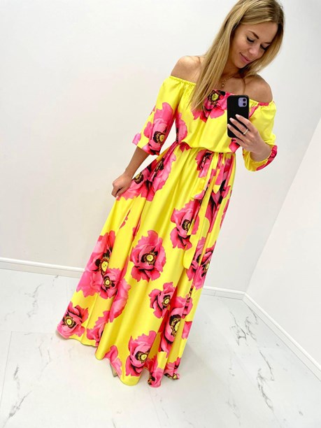 Sukienka długa długi rękaw kwiaty żółty fuksja