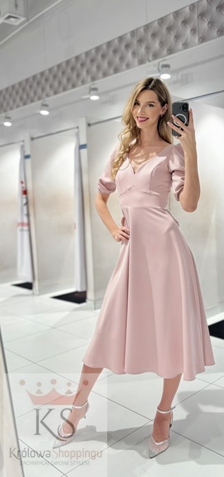 Sukienka midi rękawek 3/4 pas wiązanie puder róż