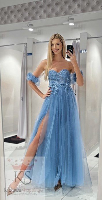 Sukienka długa gorset rękawek tiul jeans