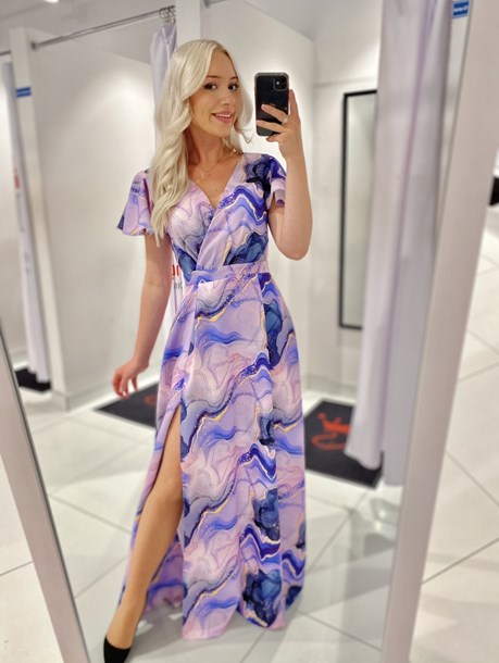 Sukienka długa rękawki dekolt galaxy fiolet