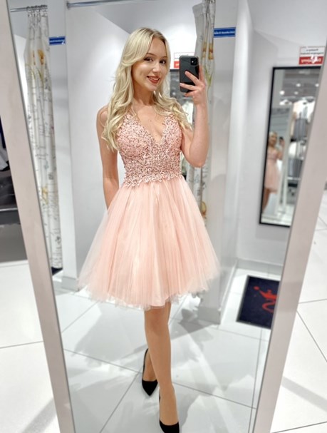 Sukienka krótka koronkowy gorset tiul brzoskwinia