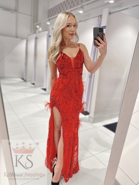 Sukienka długa cekinowa ramiączka pióra czerwień