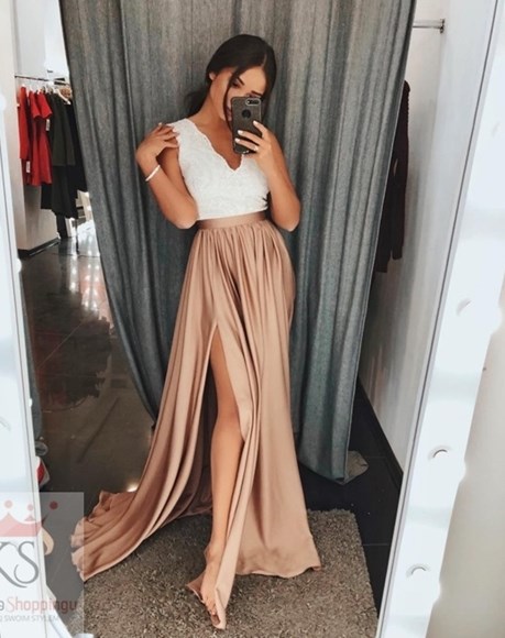 Sukienka długa szerokie ramiączka biały/brązowy