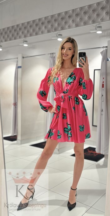 Sukienka krótka koszulowa rękaw kwiaty zieleń