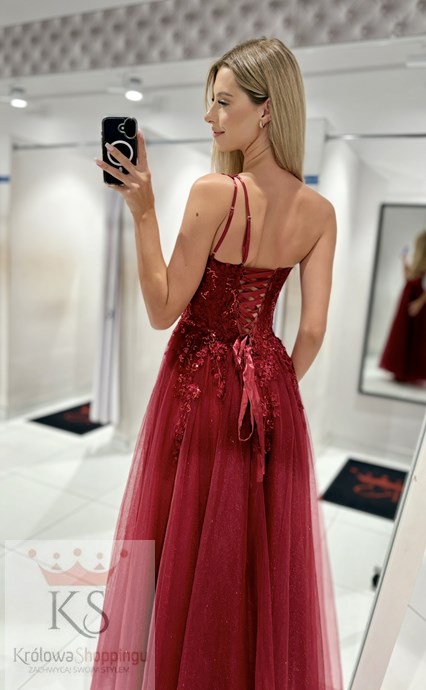 Sukienka długa asymetria tiul brokat bordo