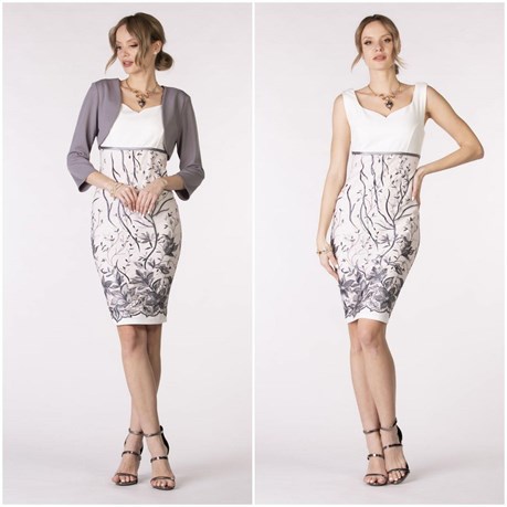 Sukienka krótka dopasowana z bolerkiem biel/popiel