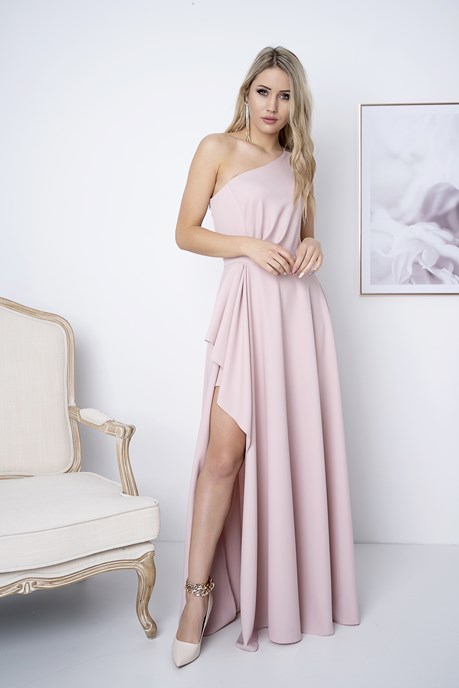 Sukienka długa jedno ramię rozcięcie falbana wrzos