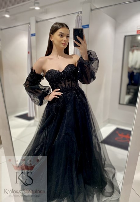 Sukienka długa gorset koronka rękaw tiul czerń