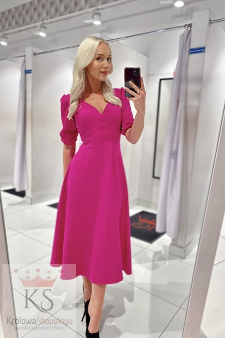 Sukienka midi rękawek 3/4 pas wiązanie fuksja