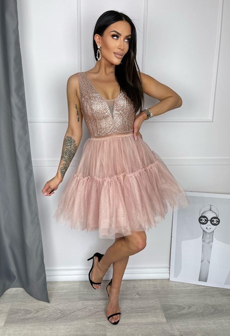 Sukienka krótka zdobinie góra tiul łosoś