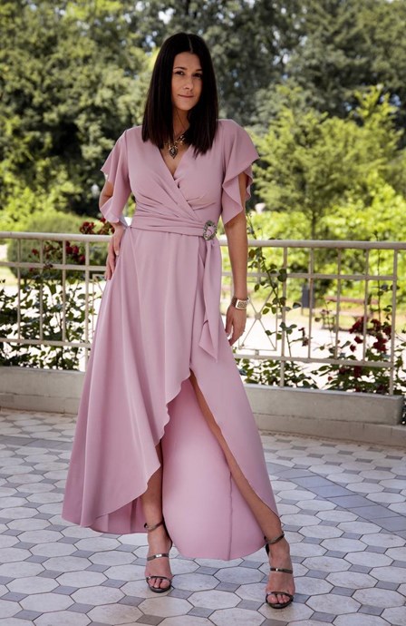 Sukienka długa asymetryczna rękaw falbana róż
