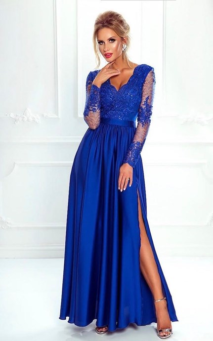 Sukienka długa koronkowy rękaw chaber