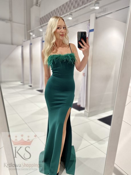 Sukienka długa rybka gładka pióra ramiączka zieleń