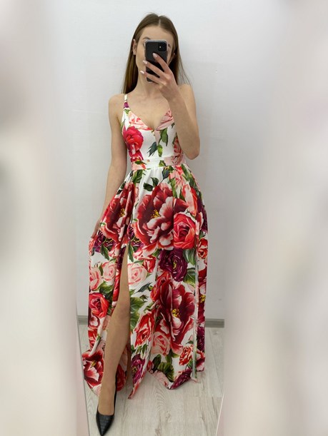 Sukienka długa dwa rozcięcia kwiaty bordo