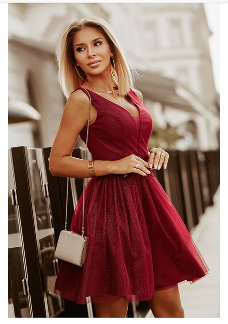 Sukienka krótka dekolt brokat tiul bordo