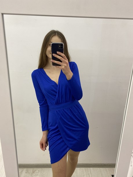 Sukienka krótka pasek rękaw brokat chaber