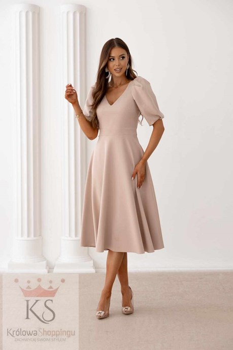 Sukienka midi rękawek dekolt V wiązanie beż