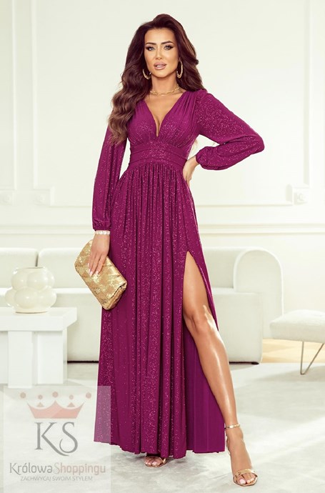 Sukienka długa brokat długi rękaw fuksja