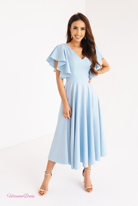 Sukienka midi falbana rękaw brokat błękit