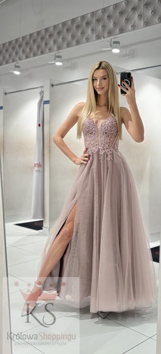 Sukienka długa tiul gorset ozdoby brokat wrzos