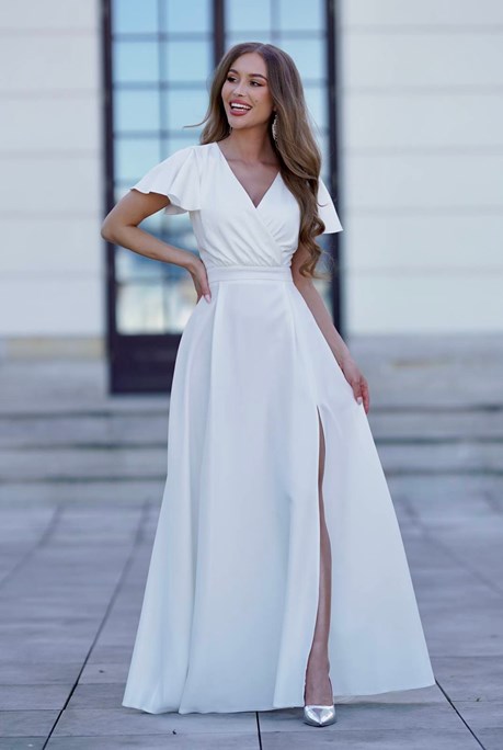 Sukienka długa rękawki dekolt biały