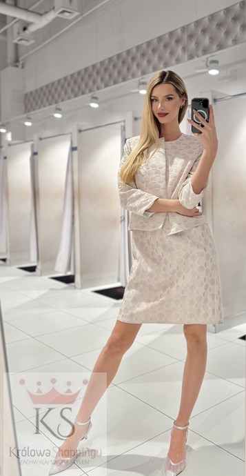 Sukienka krótka rękawek grochy brokat beż