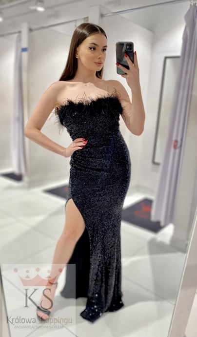 Sukienka długa cekiny marszczenie pióra czerń