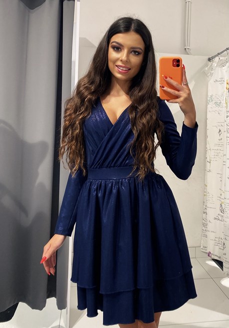 Sukienka krótka błyszcząca rękaw granat