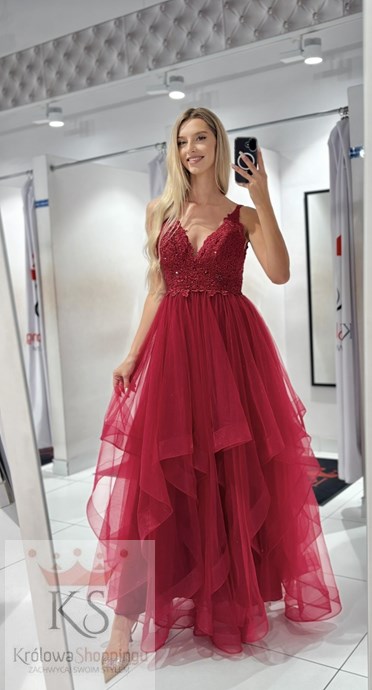 Sukienka długa koronkowa góra tiul bordo