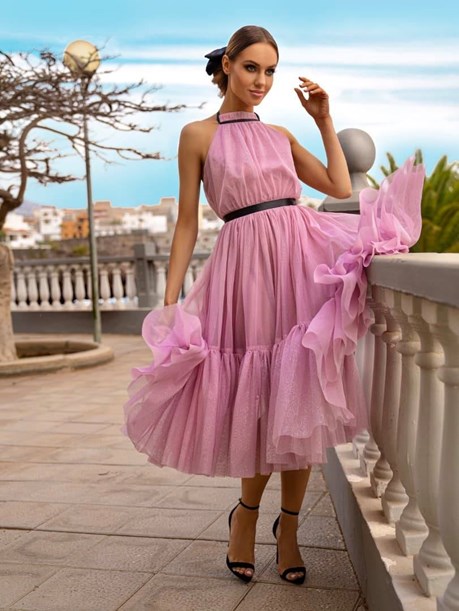 Sukienka midi tiul odkryte plecy wrzos