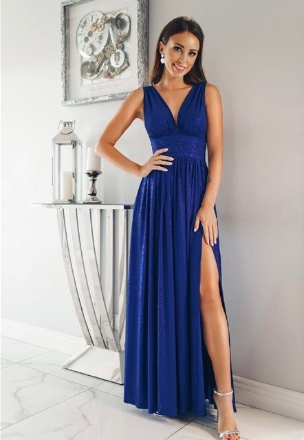 Sukienka długa wysoki stan brokat chabrowa