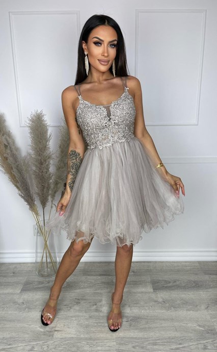 Sukienka krótka ramiączka gorset tiul beż