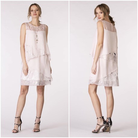 Sukienka krótka falbanki koronka góra róż/srebro