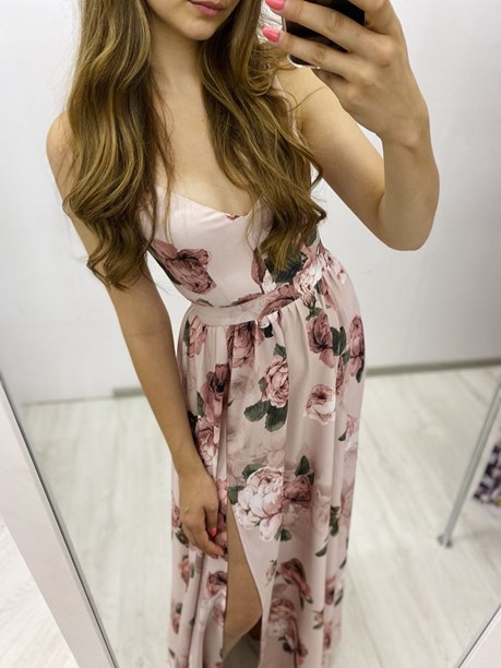 Sukienka długa  dwa rozcięcia kwiaty róże wrzos