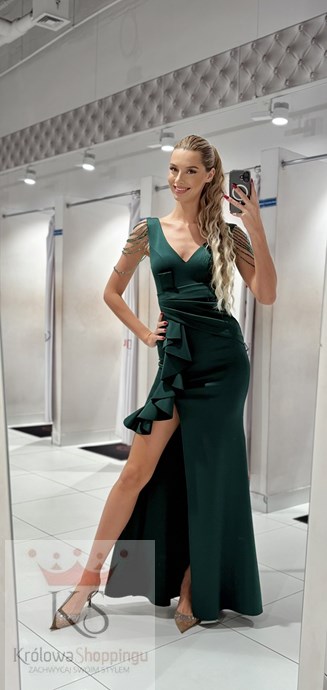 Sukienka długa falbana koraliki ramiona zieleń