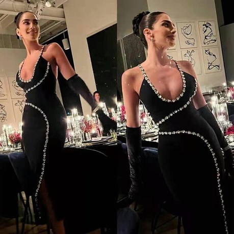 Sukienka midi bandażowa srebrne kryształy czerń