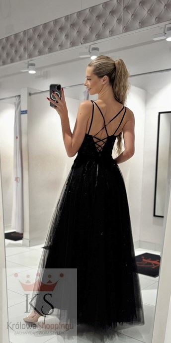 Sukienka długa gorset zdobienie kwiaty tiul czerń