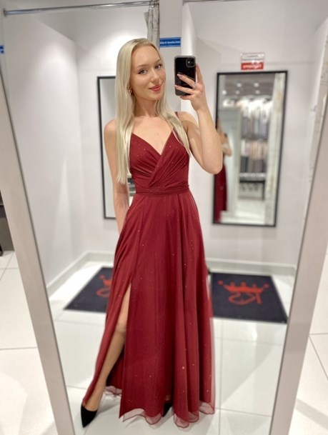 Sukienka długa na ramiączkach tiul brokat bordo