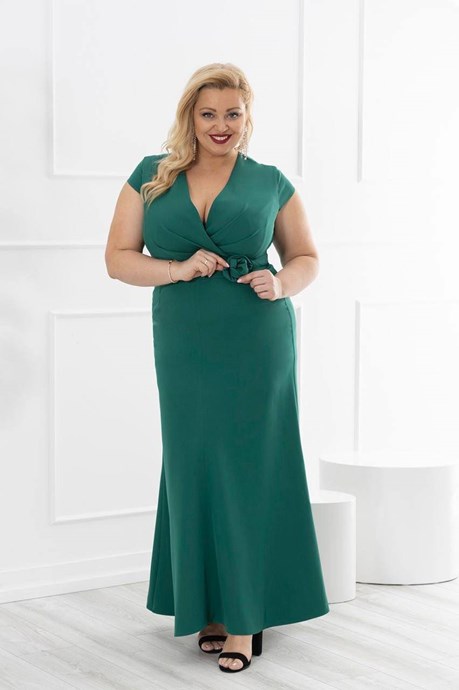 Sukienka długa rękawek pasek róża zieleń