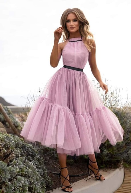 Sukienka midi tiul odkryte plecy róż