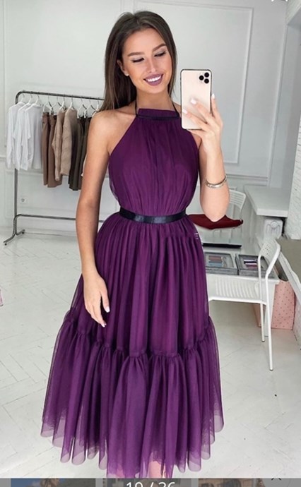 Sukienka midi tiul odkryte plecy fiolet