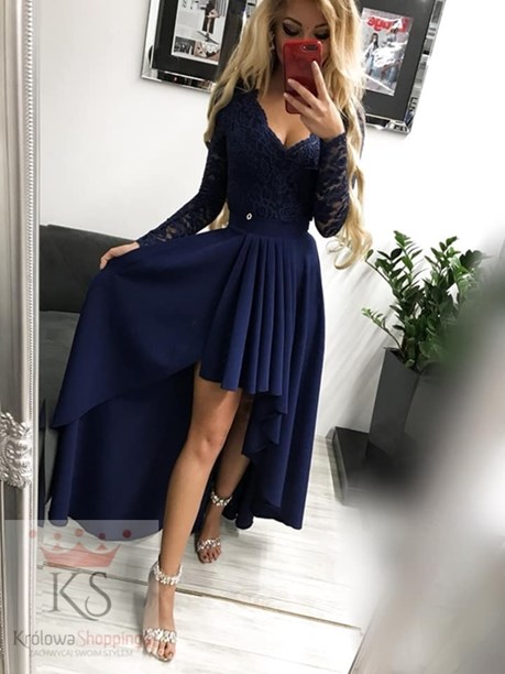 Sukienka długa asymetryczna długi rękaw granat