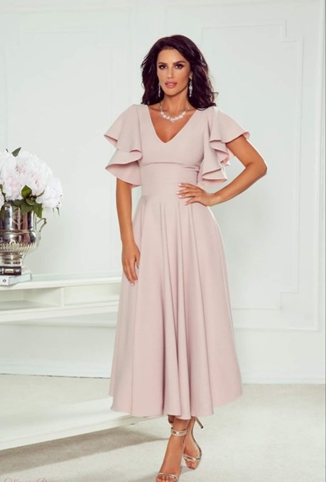 Sukienka midi falbana rękaw brokat róż