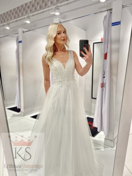 Sukienka długa ramiączka zdobiona góra tiul biel